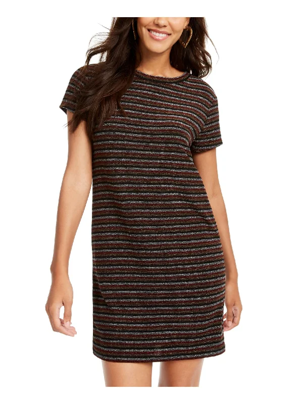 Epic Deals PLANET GOLD Womens Red Shimmer Striped Short Sleeve Crew Neck Short Shift Dress