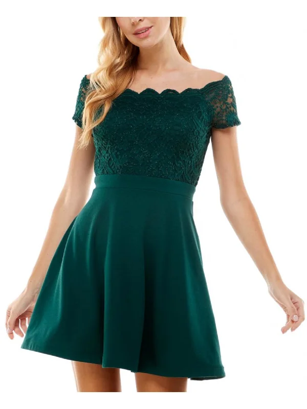 Epic Deals CITY STUDIO Womens Green Scalloped Pocketed Corset-laced Back Zippered Short Sleeve Off Shoulder Short Party Fit + Flare Dress