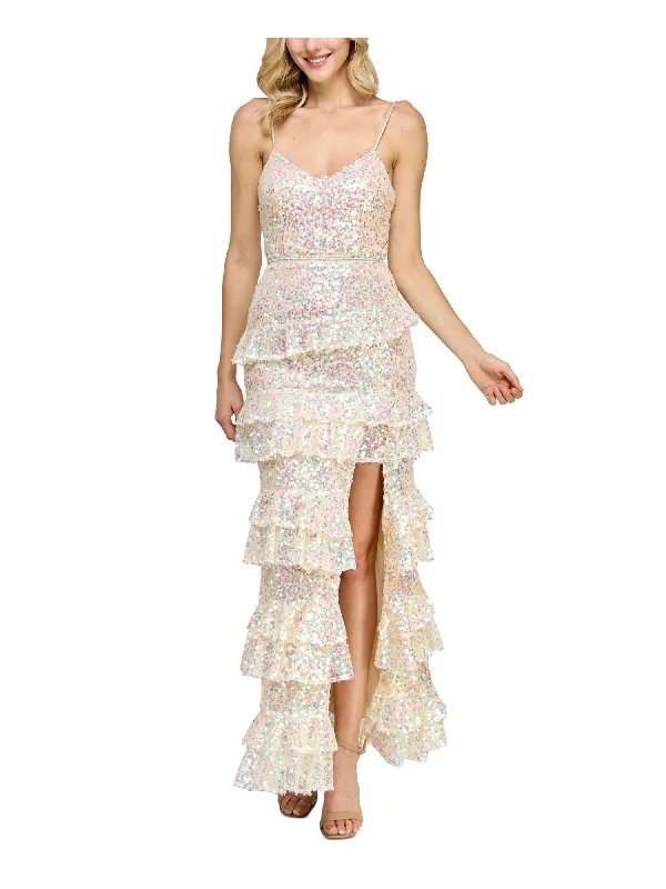 Deal Explosion SAY YES TO THE PROM Womens White Sequined Slitted Ruffled Lined Padded Spaghetti Strap V Neck Full-Length Formal Gown Dress
