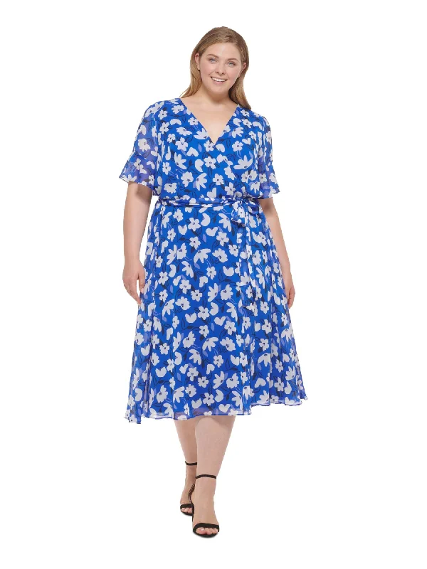 Online Specials DKNY Womens Blue Zippered Sheer Ruffled Cuffs Tie Belt Lined Floral Short Sleeve Surplice Neckline Midi Wear To Work Faux Wrap Dress