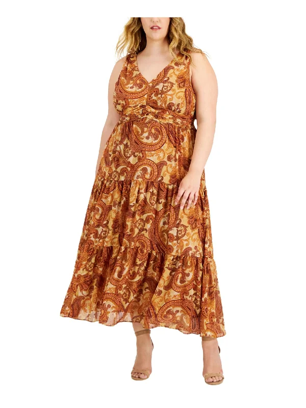 Unbeatable Prices TAYLOR WOMAN Womens Beige Zippered Lined Paisley Sleeveless V Neck Tea-Length Shift Dress