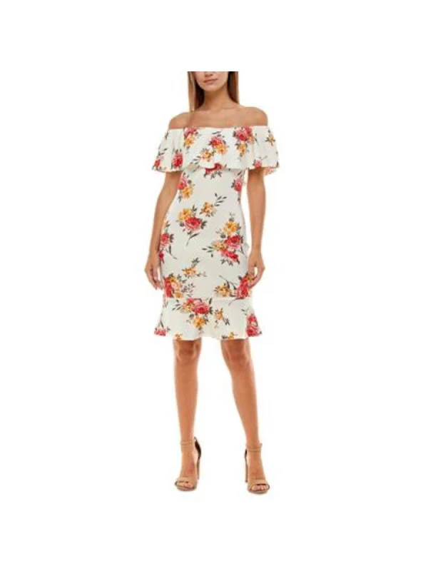 Fantastic Offers ALMOST FAMOUS Womens White Ruffled Hidden Back Zipper Floral Strapless Knee Length Evening Body Con Dress