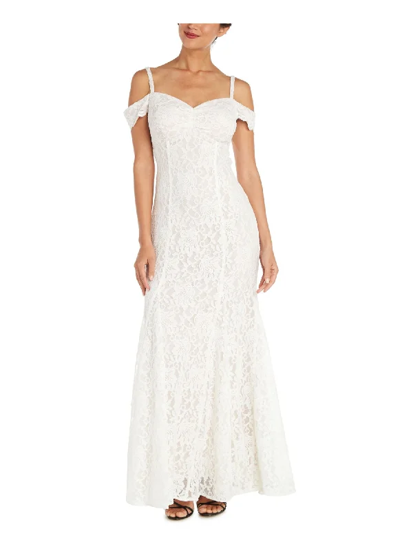 Best Bargains NIGHTWAY Womens White Stretch Cold Shoulder Zippered Scalloped Cutout-back Lined Short Sleeve Sweetheart Neckline Full-Length Formal Gown Dress