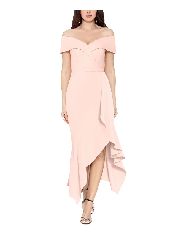 Special Offer XSCAPE Womens Pink Zippered Ruffled Hi-lo Hem Lined Short Sleeve Off Shoulder Maxi Formal Fit + Flare Dress