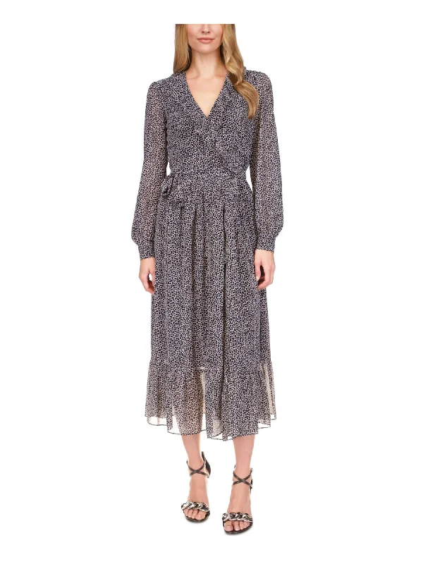Special Price MICHAEL MICHAEL KORS Womens Black Lined Sheer Tie Ruffled Animal Print Long Sleeve Surplice Neckline Tea-Length Wrap Dress