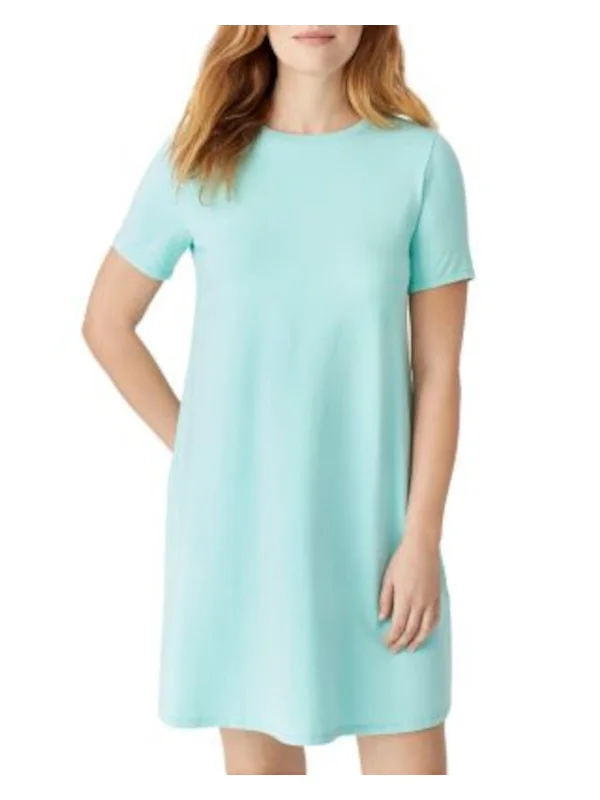 Hurry In EILEEN FISHER Womens Aqua Stretch Short Sleeve Crew Neck Short Shift Dress