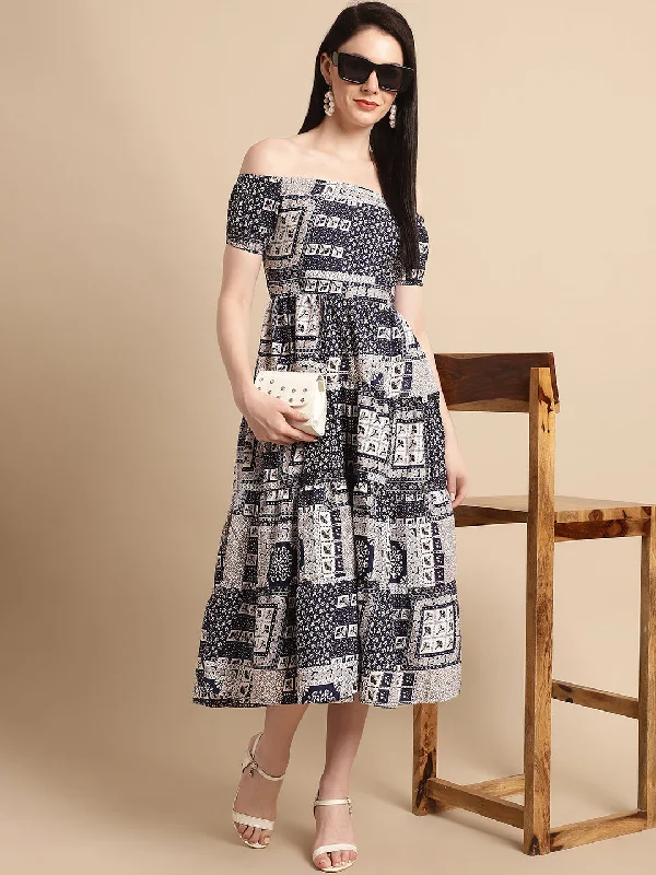 Exclusive Savings Women's Navy Blue Printed off-Shoulder Dress