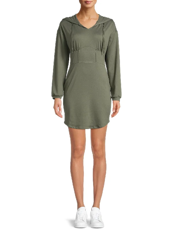 Reduced Prices ALMOST FAMOUS Womens Green Stretch Fitted Pleated Hooded Long Sleeve Short Sheath Dress