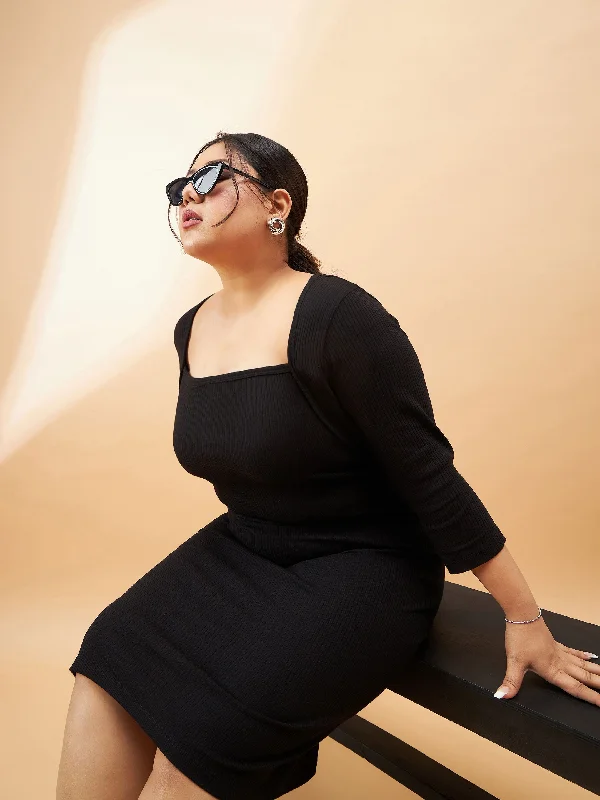 The Best Prices Women Black Rib Square Neck Dress