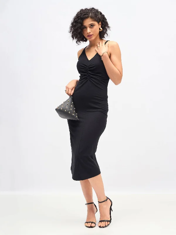 Online Only Women Black Strappy Front Ruched Dress