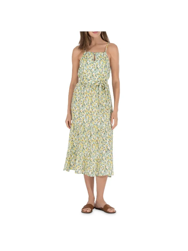 Extra Savings COLLECTION BY BOBEAU Womens Green Stretch Belted Pleated Tiered Printed Spaghetti Strap Square Neck Midi Cocktail Sheath Dress