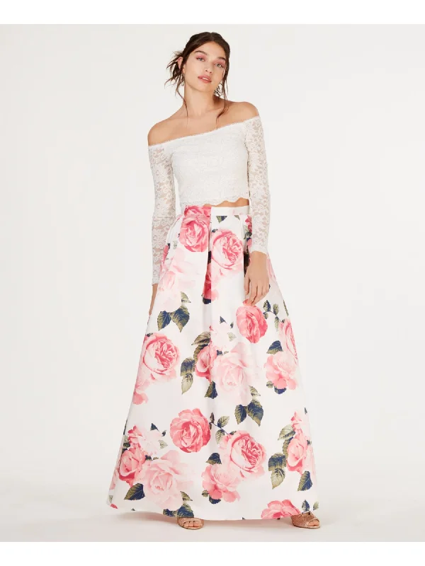 Crazy Savings TEEZE ME Womens Ivory Zippered Pleated Lace Crop Top Lined Long Sleeve Off Shoulder Full-Length Prom Fit + Flare Dress Crazy Savings TEEZE ME Womens Ivory Zippered Pleated Lace Crop Top Lined Long Sleeve Off Shoulder Full-Length Prom Fit + Flare Dress