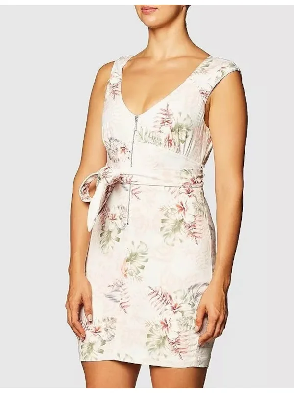 Deal of the Week GUESS Womens White Zippered Belted Open Keyhole Back Lined Sleeveless V Neck Short Sheath Dress