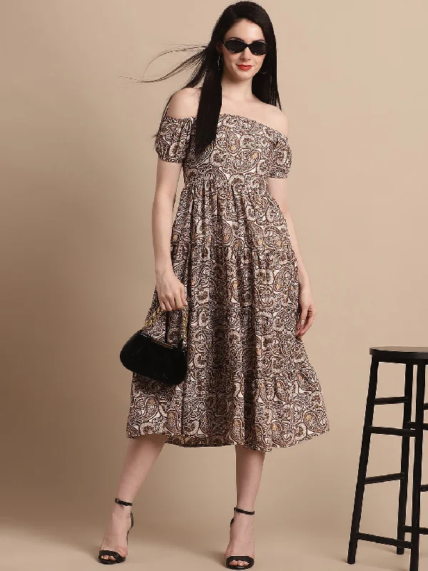 Deep Discounts Women's Brown Printed off-Shoulder Dress