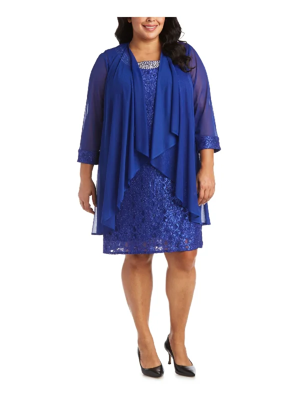 Deal Explosion R&M RICHARDS WOMAN Womens Blue Beaded Waterfall 3/4 Sleeve Jacket Sleeveless Jewel Neck Above The Knee Party Shift Dress