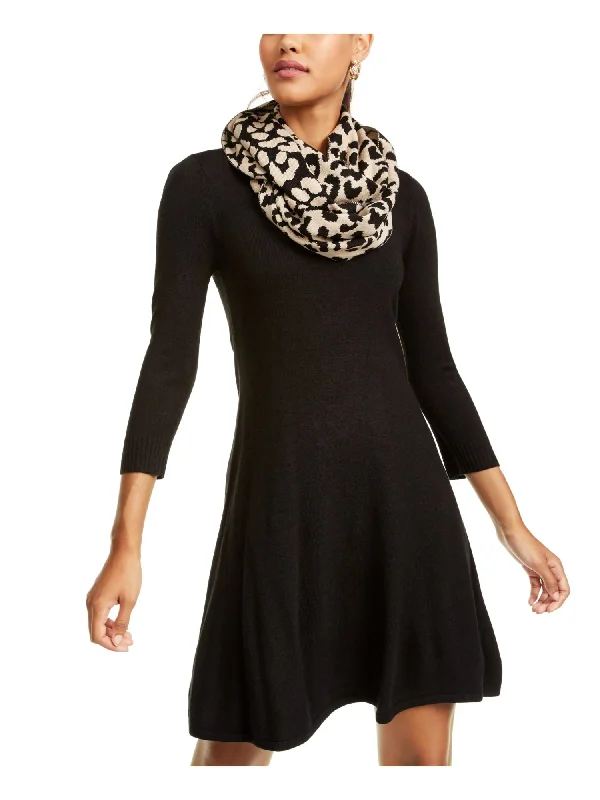Deal Alert SEQUIN HEARTS Womens Black Long Sleeve Jewel Neck Short Fit + Flare Dress