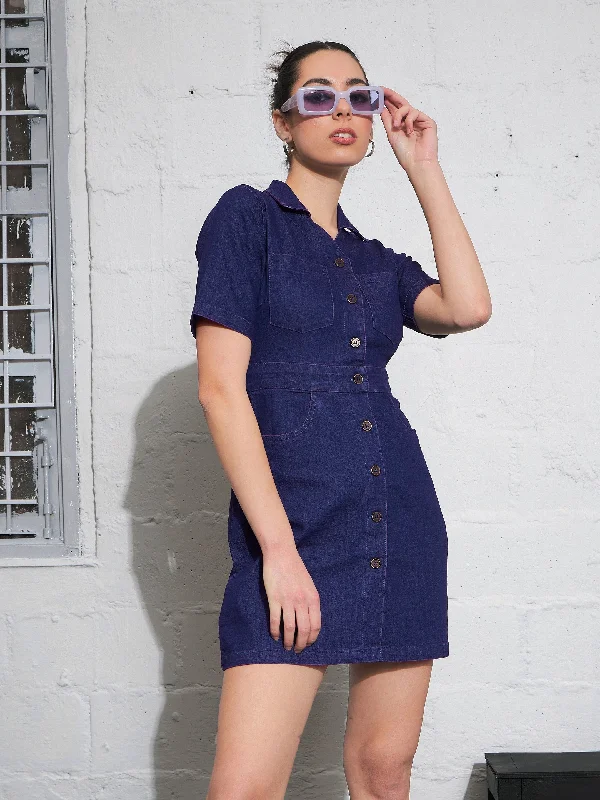 Today’s Special Women Navy Washed Denim Front Button Mini Dress