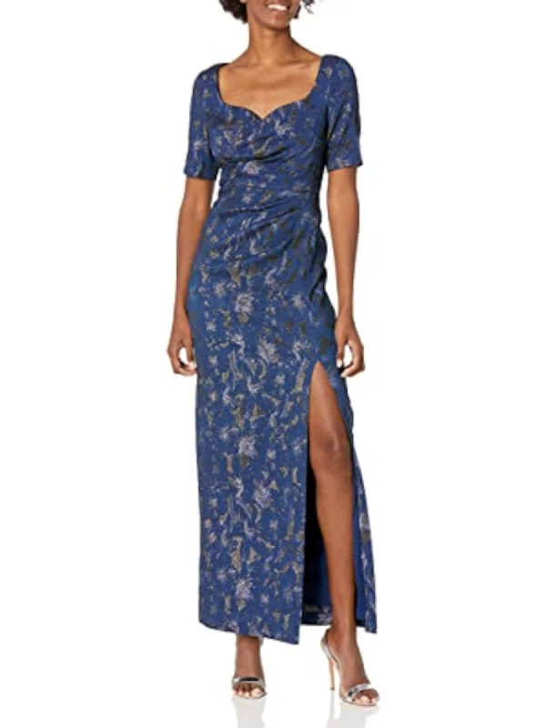 YEAR-End Sale ADRIANNA PAPELL Womens Navy Zippered Ruched Draped Thigh-high Slit Lined Short Sleeve Sweetheart Neckline Full-Length Evening Gown Dress