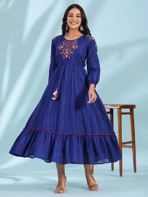 Time-Limited Offer Women Floral Embroidered Indigo Cotton Dobby Tiered Maxi Dress