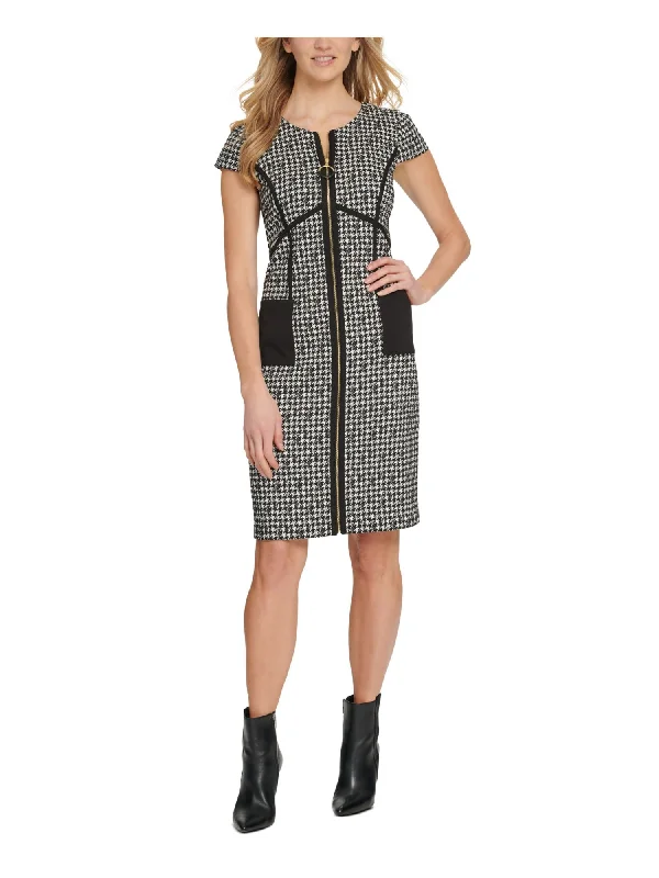 Special Savings DKNY Womens Black Pocketed Zippered Houndstooth Cap Sleeve Scoop Neck Knee Length Wear To Work Sheath Dress