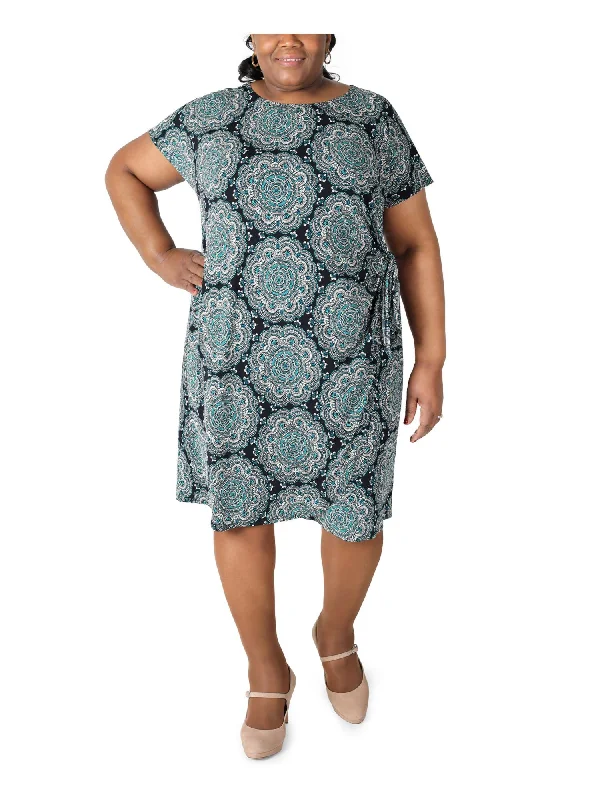 Can't Be Beat SIGNATURE BY ROBBIE BEE Womens Turquoise Stretch Tie Faux Wrap Skirt Printed Short Sleeve Round Neck Knee Length Wear To Work Sheath Dress Can't Be Beat SIGNATURE BY ROBBIE BEE Womens Turquoise Stretch Tie Faux Wrap Skirt Printed Short Sleeve Round Neck Knee Length Wear To Work Sheath Dress