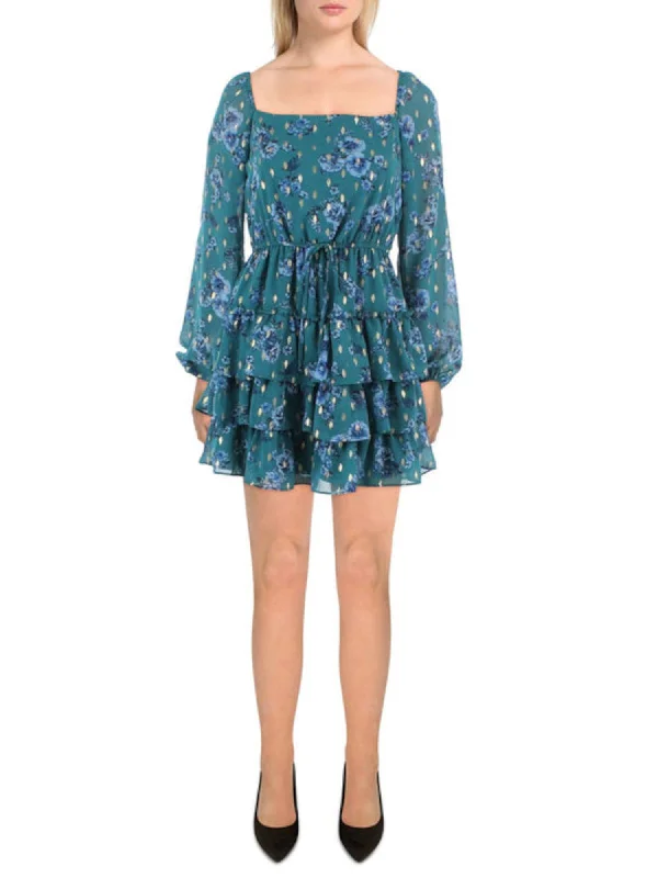 Fantastic Deals CITY STUDIO Womens Teal Tie Metallic Floral Long Sleeve Square Neck Short Party Fit + Flare Dress