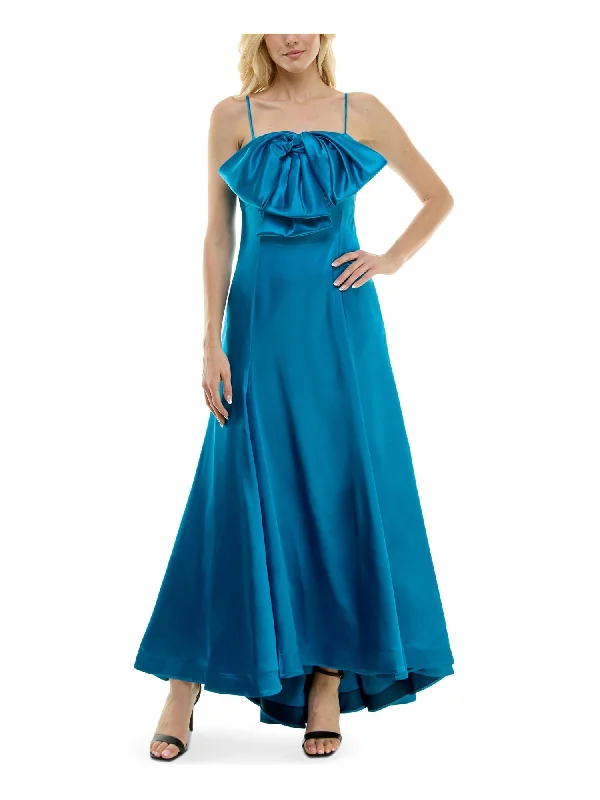 Season Finale Sale TAYLOR Womens Teal Zippered Pleated Exaggerated Bow Hi-lo Hem Spaghetti Strap Square Neck Full-Length Formal Gown Dress