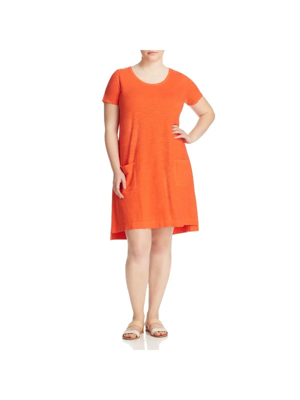 Overstock EILEEN FISHER Womens Orange Pocketed Vented Step Hem Short Sleeve Scoop Neck Above The Knee Shift Dress