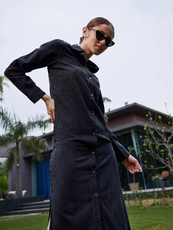 Daily Deals Women Black Acid Wash Tencel Maxi Shirt Dress