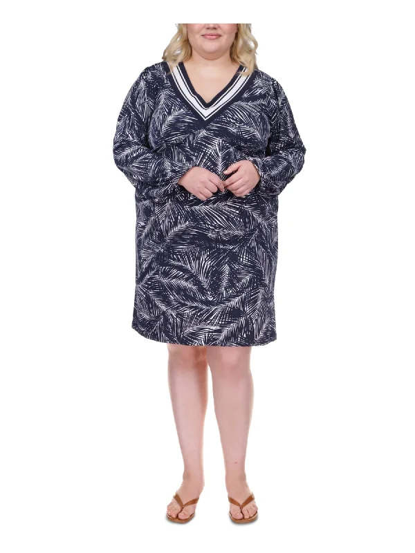 Bargain Bin MICHAEL MICHAEL KORS Womens Navy Unlined Zippered Long Sleeve V Neck Above The Knee Shift Dress