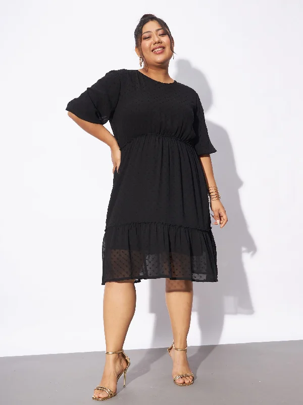 Buy More, Save More Women Black Dobby Puff Sleeve Skater Dress
