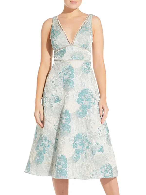 Deal of the Day AIDAN MATTOX Womens Aqua Zippered Textured Lined Floral Sleeveless V Neck Midi Cocktail Fit + Flare Dress