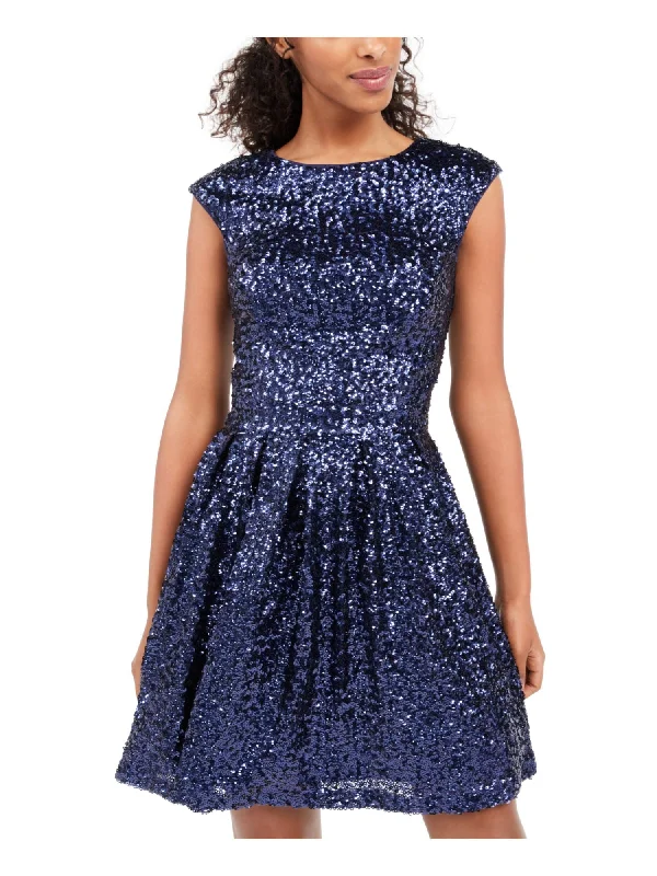 Price Reduction EMERALD SUNDAE Womens Sequined Cap Sleeve Jewel Neck Short Party Fit + Flare Dress