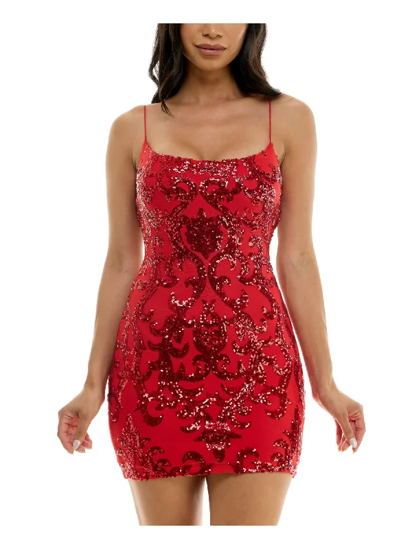 Special Savings B DARLIN Womens Red Sequined Lined Open Strappy Back Spaghetti Strap Square Neck Short Party Body Con Dress