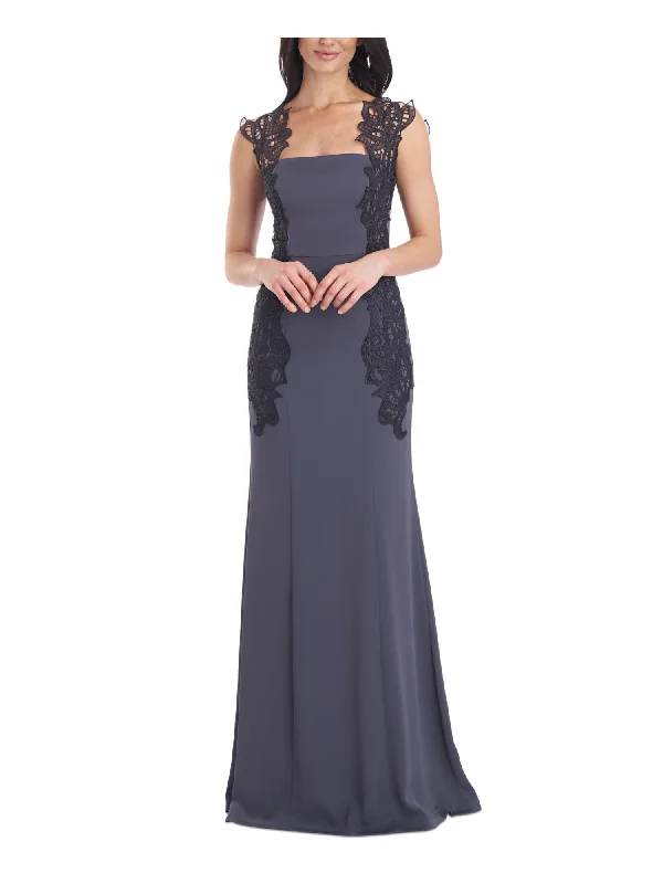 Quick Sale JS COLLECTIONS Womens Blue Zippered Lace Lined Satin Sleeveless Square Neck Full-Length Evening Mermaid Dress