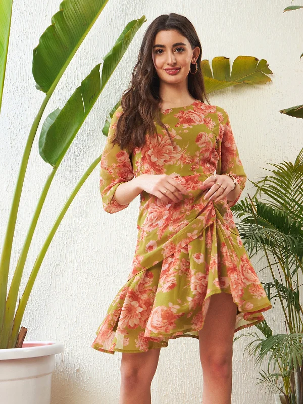 Take Advantage Women Green Floral Back Key Hole Ruched Mini Dress