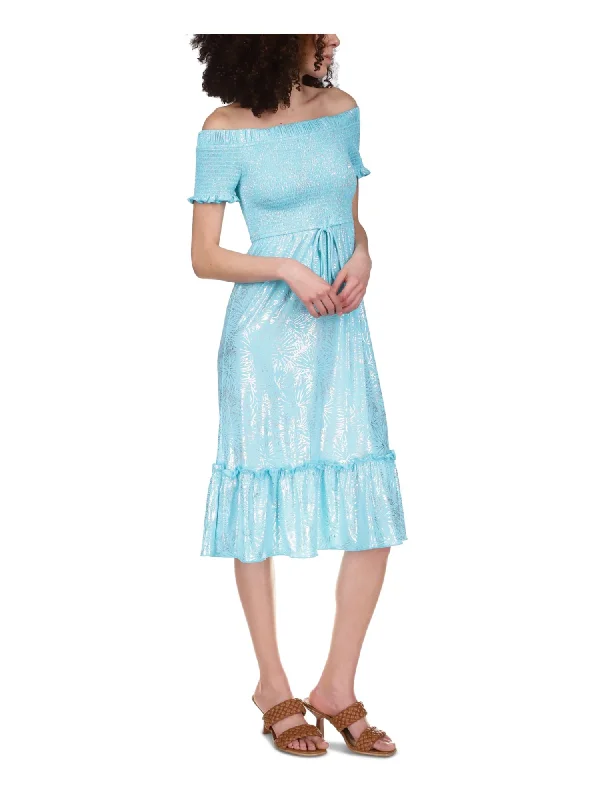 Special Promotion MICHAEL MICHAEL KORS Womens Aqua Smocked Ruffled Drawstring Waist Short Sleeve Off Shoulder Midi Party Fit + Flare Dress