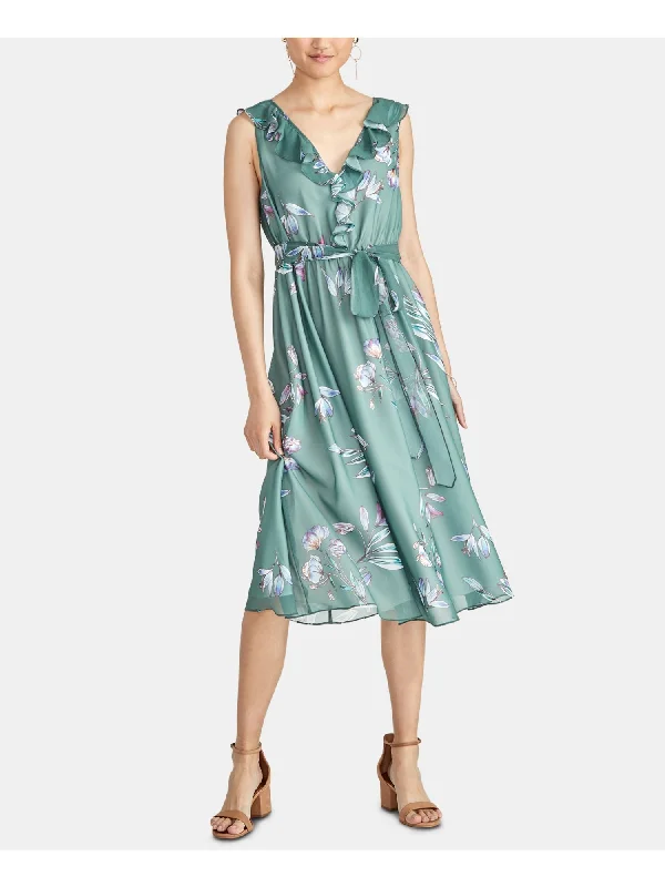 Instant Discount RACHEL ROY Womens Green Ruffled Floral Sleeveless V Neck Midi Sheath Dress
