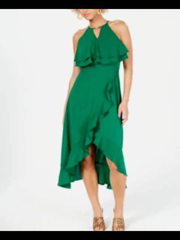Act Now KENSIE Womens Green Sleeveless Halter Midi Party Ruffled Dress