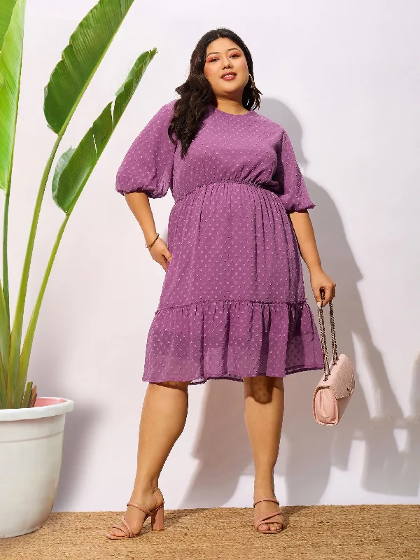 Extra Discounts Women Purple Dobby Puff Sleeve Skater Dress