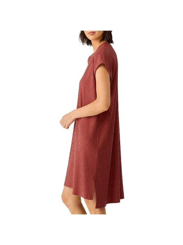 Reduced Prices EILEEN FISHER Womens Brown Stretch Ribbed Slitted Pull-over Style Cap Sleeve Round Neck Knee Length Sheath Dress