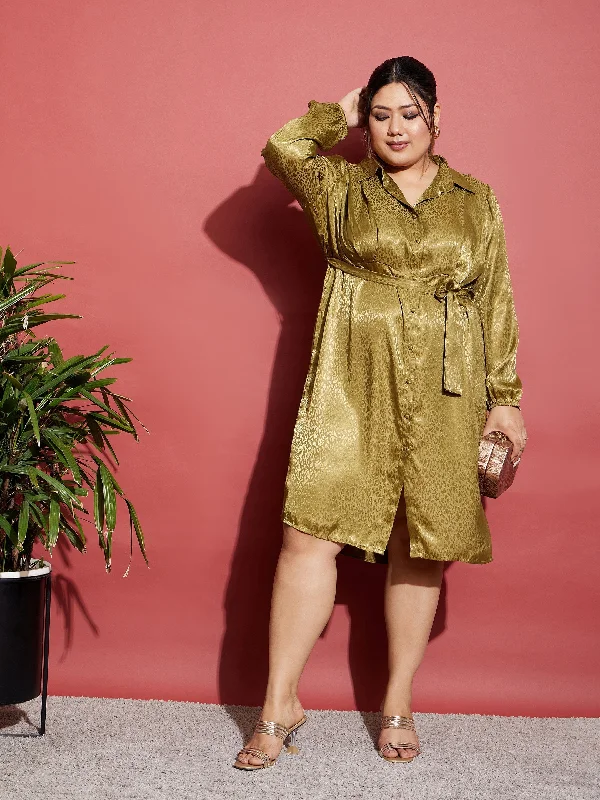 Unmissable Offer Women Olive Satin Jacquard Belted Shirt Dress