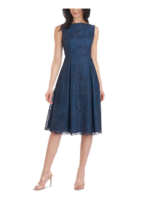 Price Buster JS COLLECTION Womens Embroidered Sleeveless Boat Neck Below The Knee Cocktail Fit + Flare Dress