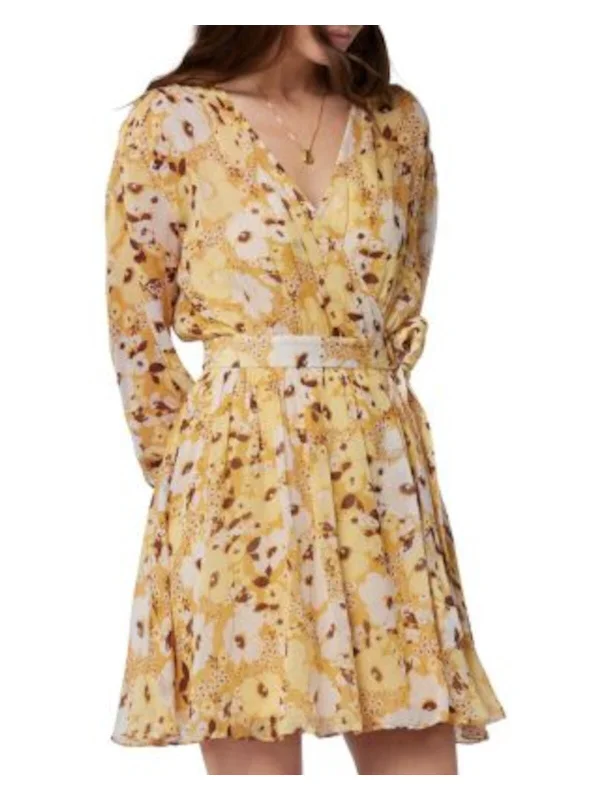 Bargain Blast JOIE Womens Gold Pleated Lined Tie-waist Ruched Floral Long Sleeve Surplice Neckline Mini Party Wrap Dress
