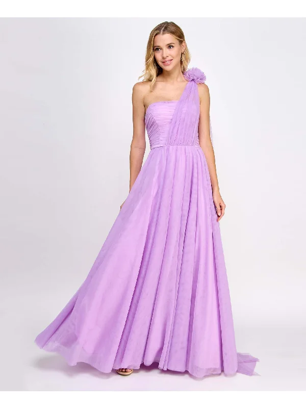 Limited Time CITY STUDIO Womens Purple Pleated Zippered Mesh Rosette Accent Lined Sleeveless Asymmetrical Neckline Full-Length Prom Fit + Flare Dress