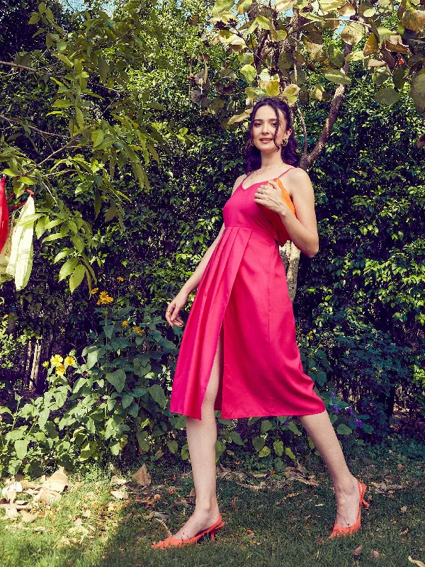 Factory Direct Sale Women Fuchsia Strappy Pleated Midi Dress