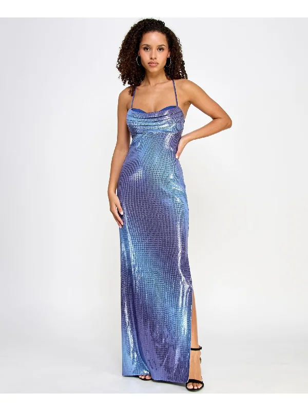 Limited Time Offer VIOLET WEEKEND Womens Blue Sequined Slitted Lined Zippered Lace Up Back Ombre Spaghetti Strap Cowl Neck Full-Length Formal Gown Dress