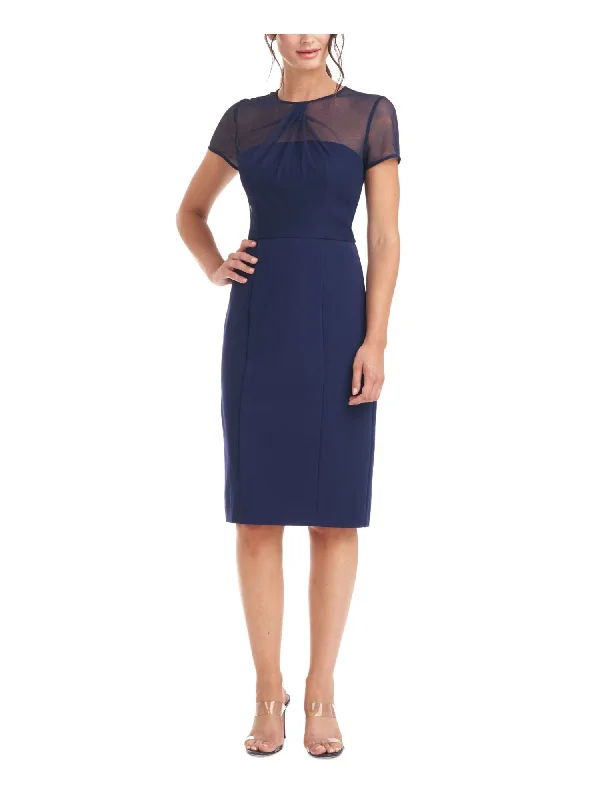 Weekend Flash Sale JS COLLECTION Womens Navy Stretch Pleated Zippered Lined Short Sleeve Illusion Neckline Knee Length Party Sheath Dress