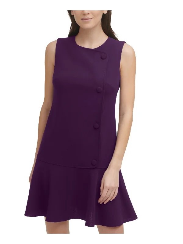 Limited Stock DKNY Womens Purple Stretch Zippered Fitted Faux Button Sleeveless Round Neck Short Wear To Work Drop Waist Dress
