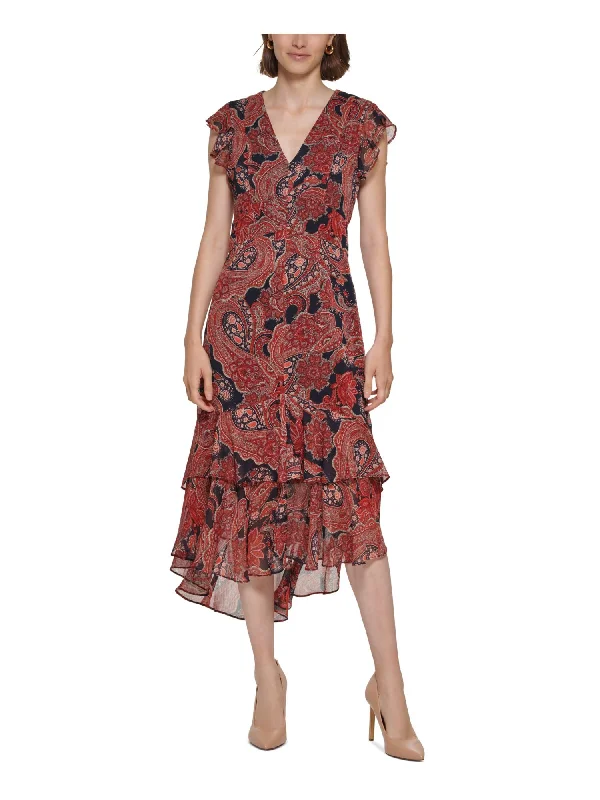 Act Fast TOMMY HILFIGER Womens Navy Zippered Lined Sheer Tiered Ruffled Paisley Flutter Sleeve V Neck Tea-Length Hi-Lo Dress